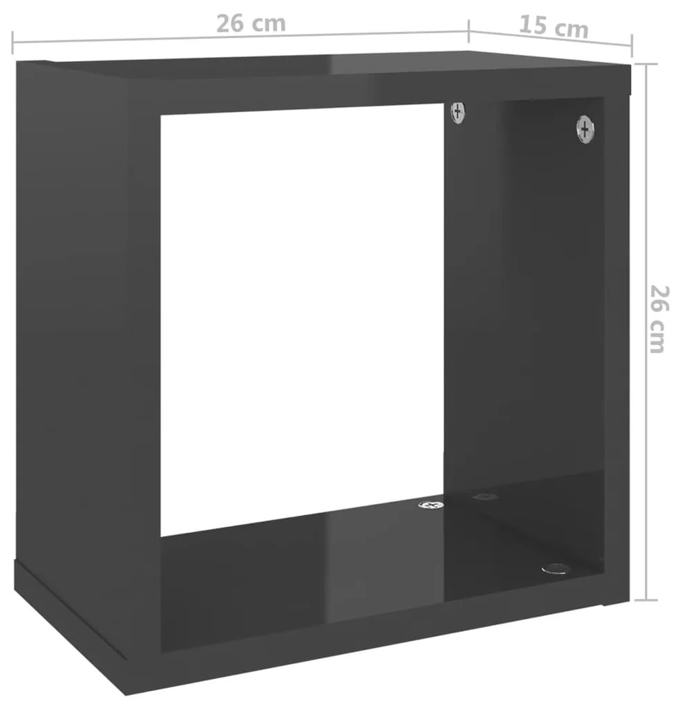 Prateleiras parede forma de cubo 4 pcs 26x15x26 cm cinza brilh.