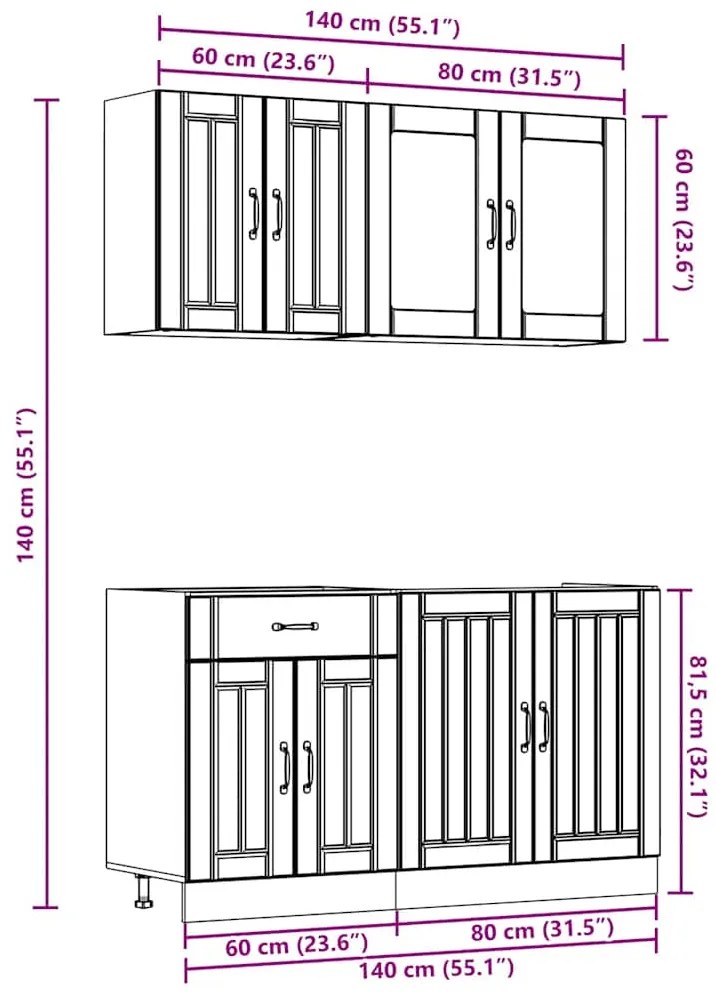 4 peças armário de cozinha conjunto Kalmar carvalho castanho