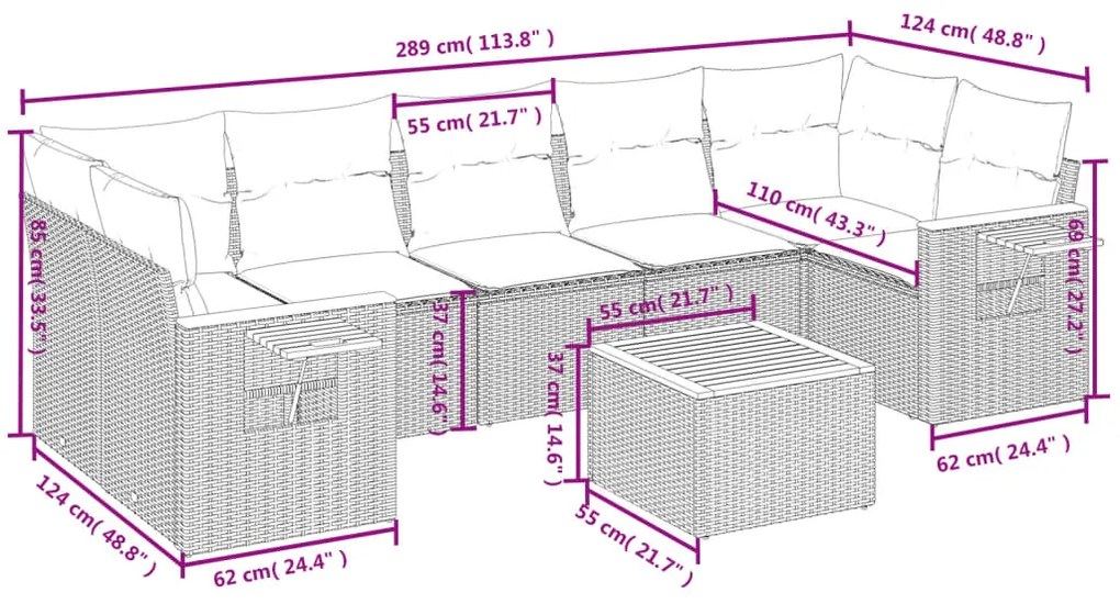 8 pcs conjunto sofás de jardim c/ almofadões vime PE cinzento