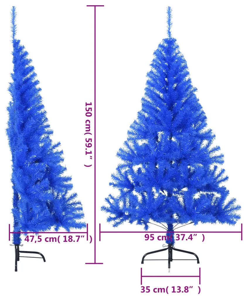 Meia árvore de Natal artificial com suporte 150 cm PVC azul