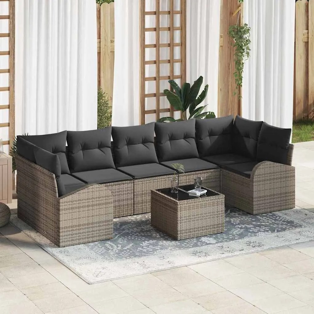 vidaXL Conjunto de Sofá de Jardim com 8 Peças e Almofadas Cinzas em Rattan Sintético
