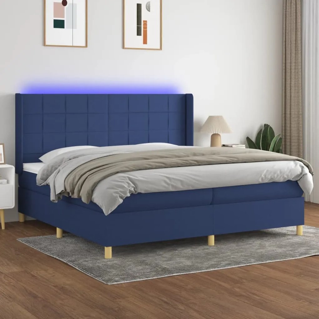 Cama box spring c/ colchão e LED 200x200 cm tecido azul