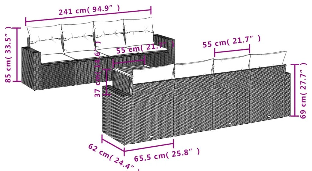 9 pcs conjunto de sofás p/ jardim com almofadões vime PE bege