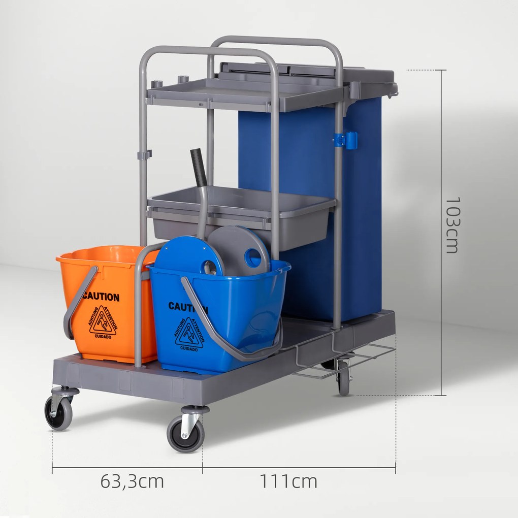 Carro de Limpeza Professional com Escorredor de Alavanca e 2 Baldes de 18L 111x63,3x103cm Cinza Azul e Laranja