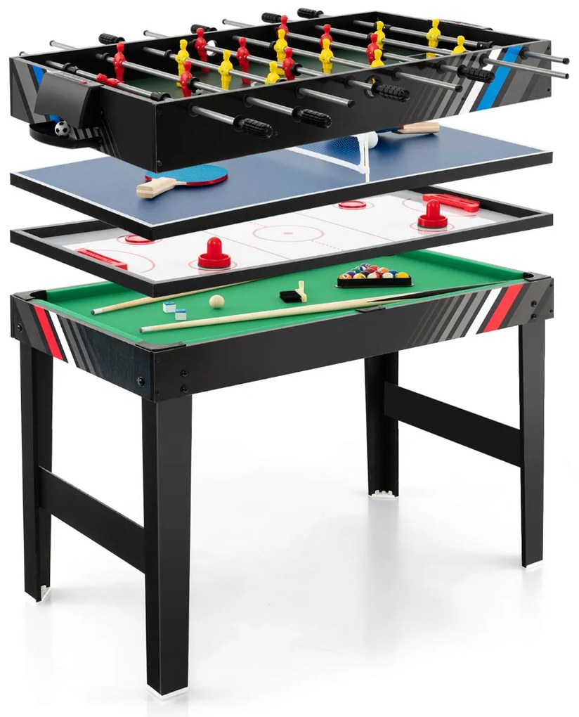 Mesa multi-jogo 4 em 1 Mesa de futebol de mesa 4 em 1 125 cm com bilhar, hóquei no ar e ténis de mesa com acessórios