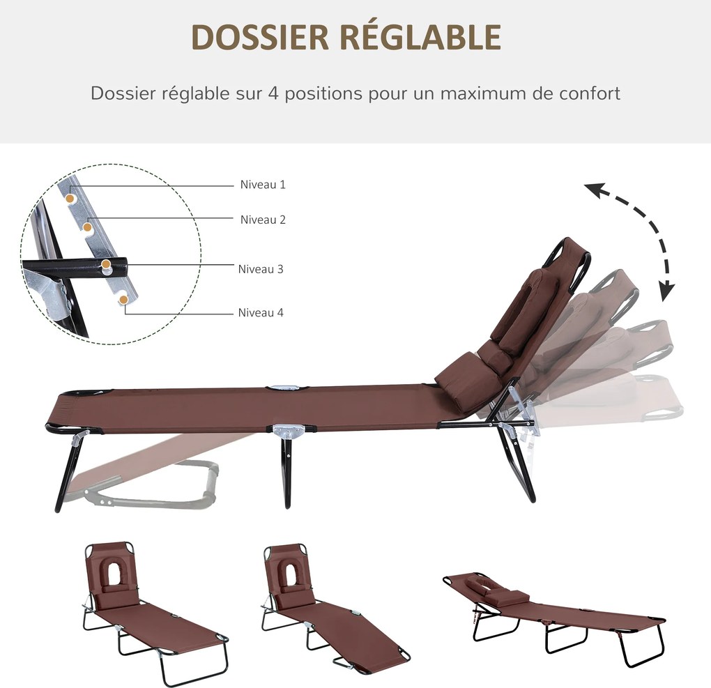 Espreguiçadeira dobrável com 4 posições de inclinação, 3 almofadas incluídas, castanho