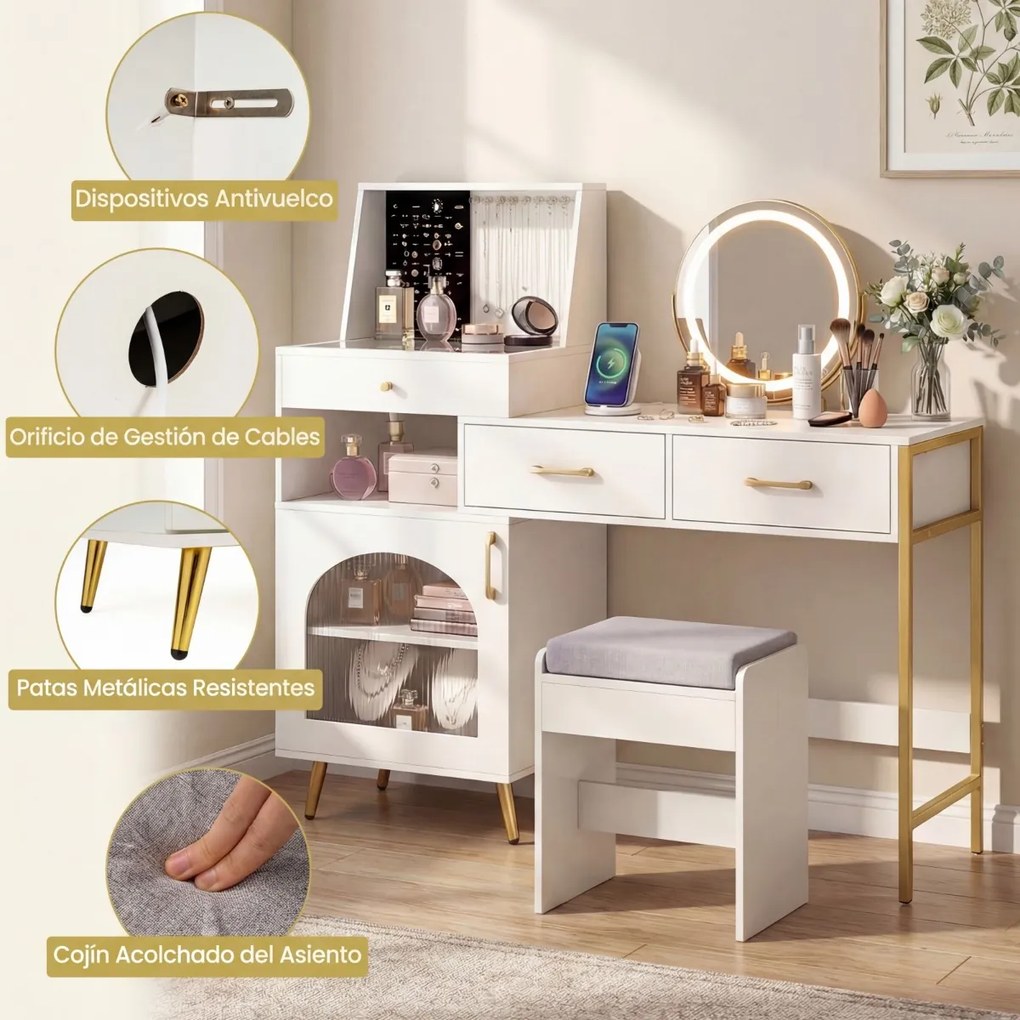 Toucador com espelho e luzes reguláveis 136 x 43 x 127,5 cm, mesa de vidro com 3 gavetas, ranhuras para anéis e ganchos, com porta e banco branco