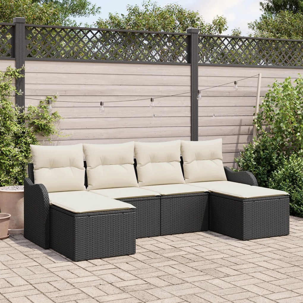 Conjunto de Sofá de Jardim 6 Peças vidaXL com Almofadas Preto Rattan P