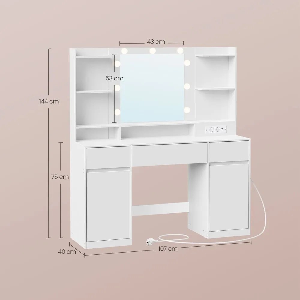 Toucador com espelho e iluminação, estação de carregamento 40 x 107 x 144 cm branco