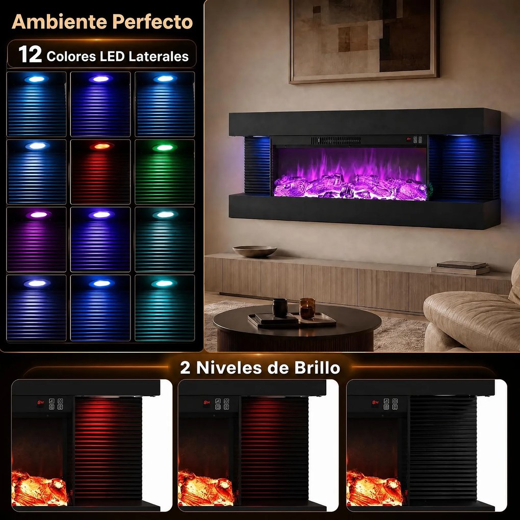 Lareira Elétrica de Encastrar com Vista Tripla, 101,6 x 20,6 x 41,8 cm, Chama Multinível, Preto