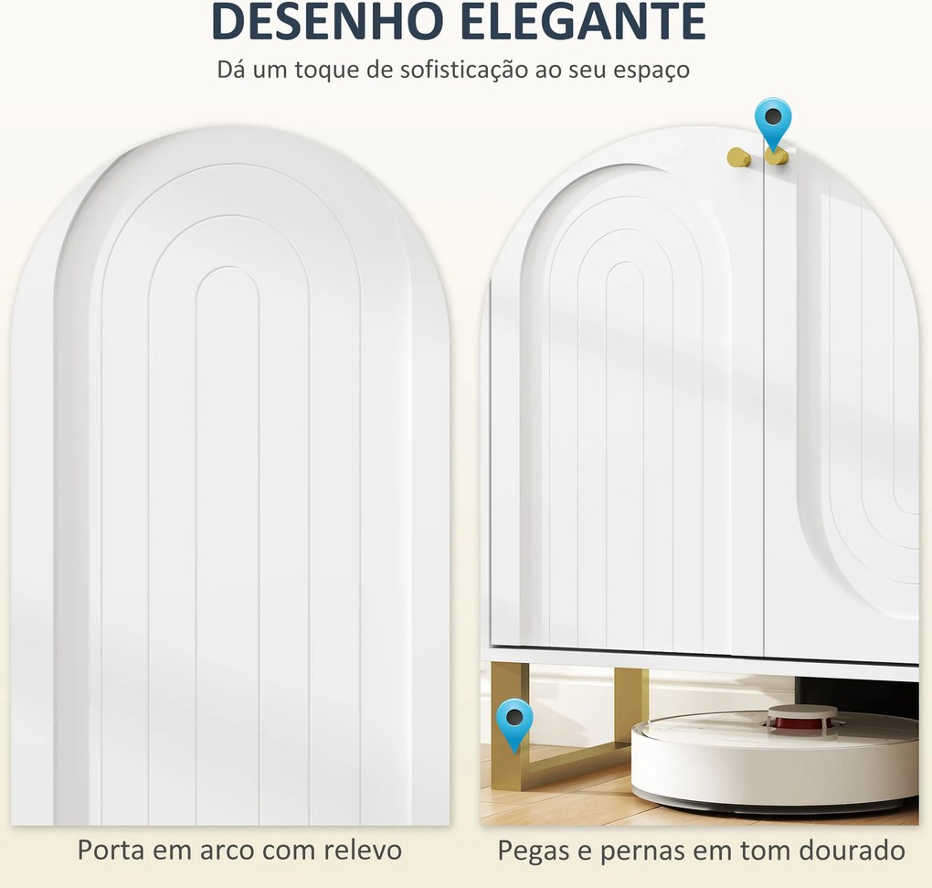 Aparador Moderno para Sala de Estar com Prateleiras Ajustáveis e Pés Dourados Móvel para TV até 65 Polegadas 140,8x35x77,5 cm Branco