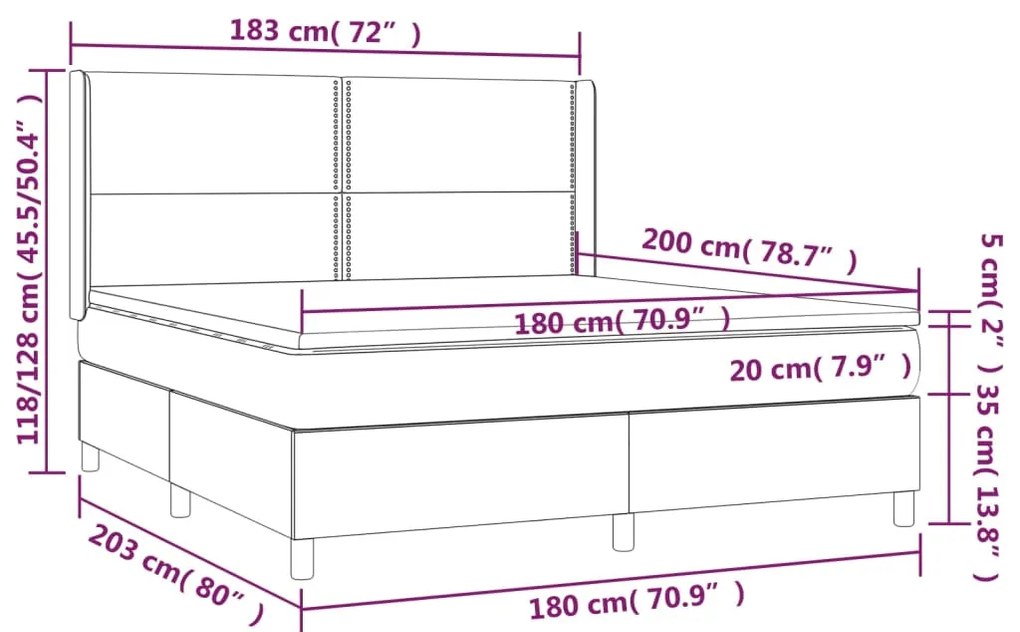 Cama box spring c/ colchão e LED 180x200 cm tecido cinza-claro