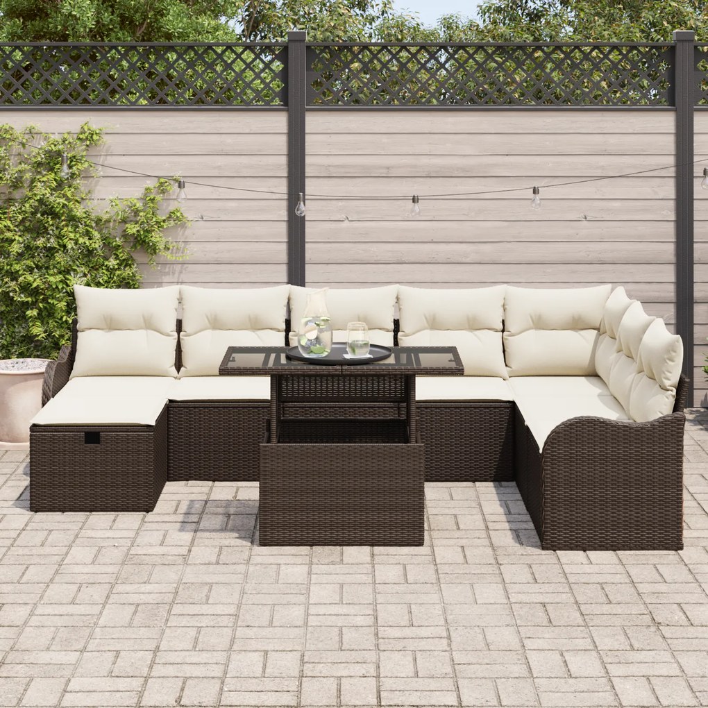Conjunto de Sofá de Jardim vidaXL 9 Peças com Almofadas Castanho Vime