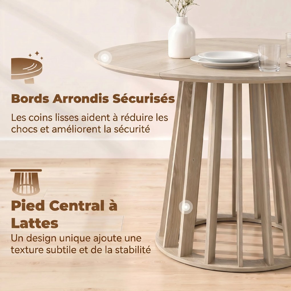 Mesa de jantar redonda para 4 a 6 pessoas, Ø 120 x 75 cm (CADEIRAS NÃO INCLUIDAS), mesa de cozinha com base robusta em ripas, madeira natural