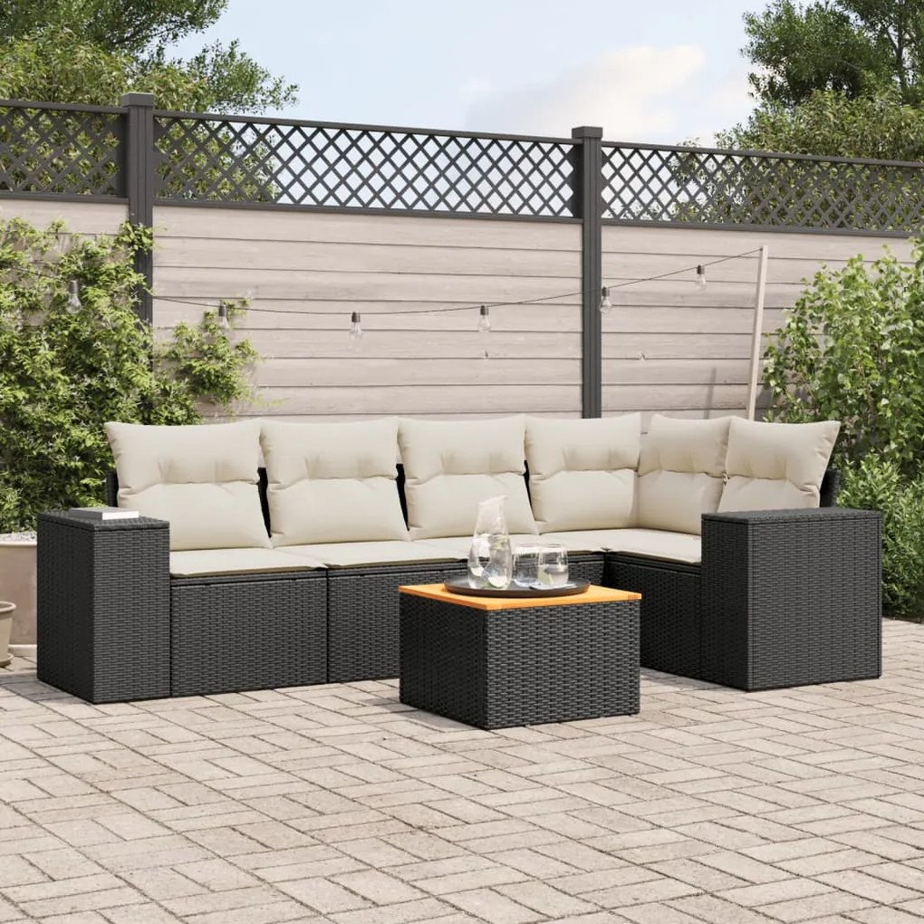6 pcs conjunto sofás de jardim c/ almofadões vime PE preto