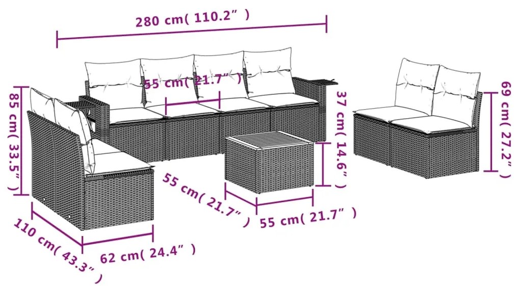 9 pcs conjunto sofás p/ jardim com almofadões vime PE cinzento