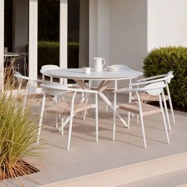 Conjunto De Mesa Redonda De Alumínio Valerie (ø125 Cm) E 6 Cadeiras De Jardim Com Braços Em Alumínio E Vime Sintético Marsha Gardénia Branco - Sklum