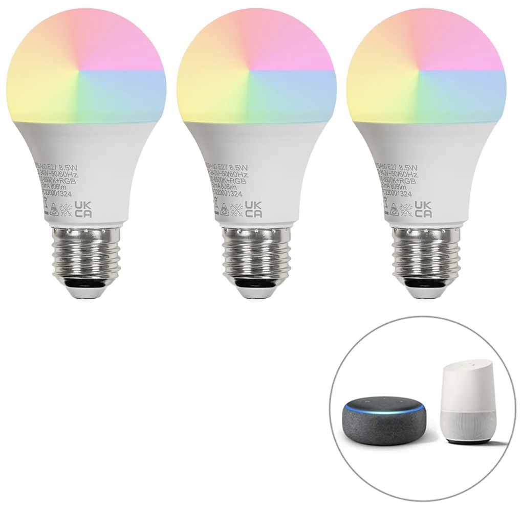 Conjunto de 3 Lâmpadas LED Inteligentes E27 A60 Mate RGBW 8,5W 806lm 2700K