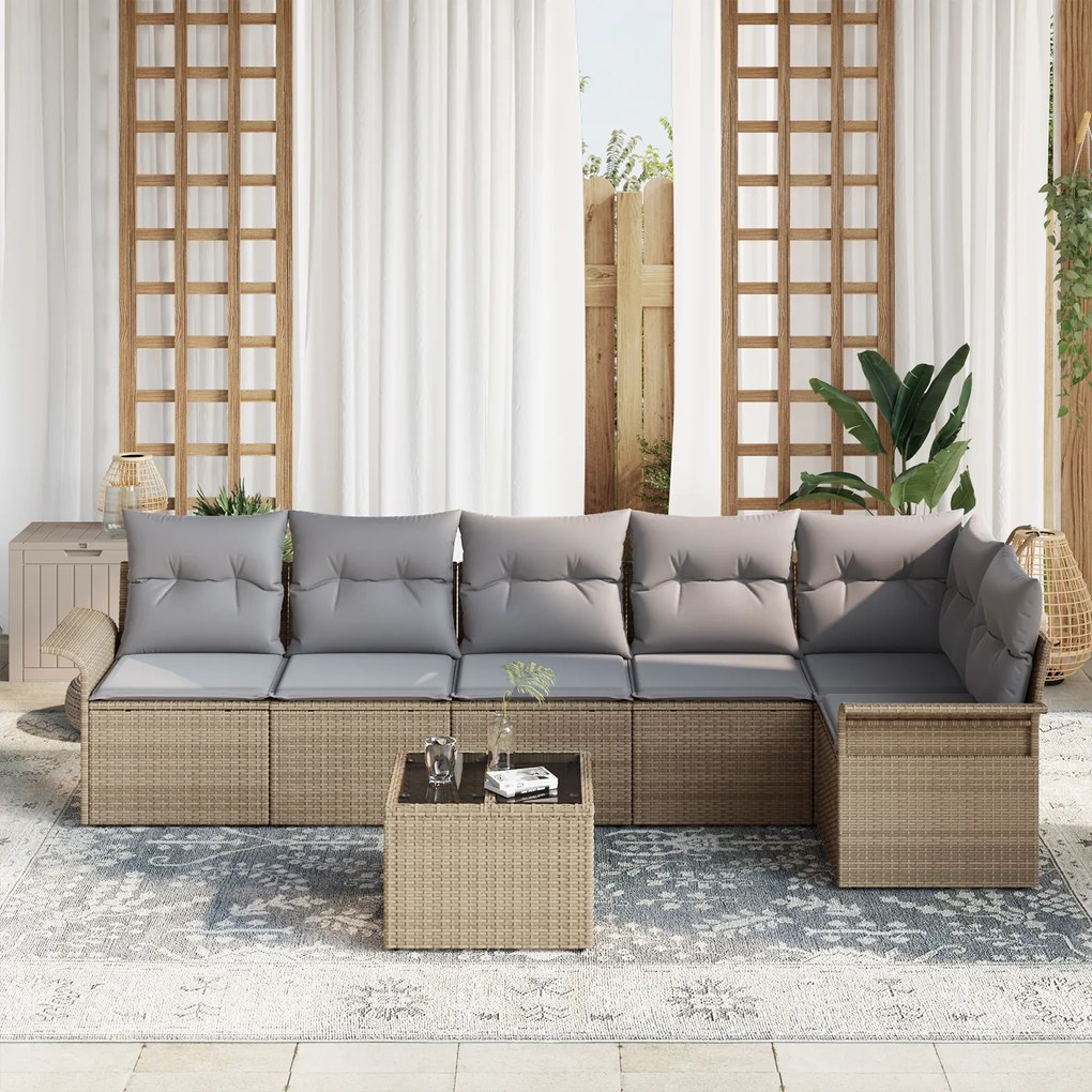 Conjunto de Sofá para Jardim vidaXL 7 Peças com Almofadas Vime Poly Pr