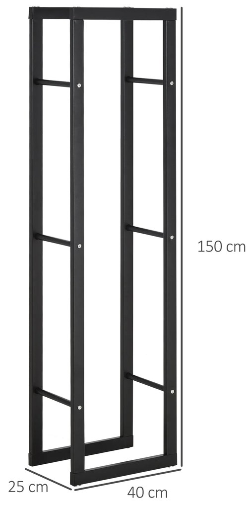 Suporte para Lenha de Metal Porta Lenha Metálico para Interior e Exterior Carga Máxima 100 kg 40x25x150 cm Preto