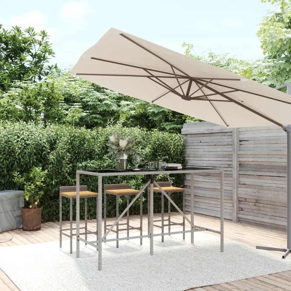 vidaXL Mesa de bar com tampo de vidro 180x70x110 cm vime PE cinzento