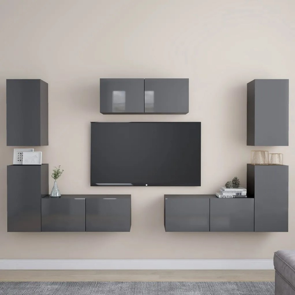 vidaXL 7 pcs conjunto de móveis de TV contraplacado cinzento brilhante