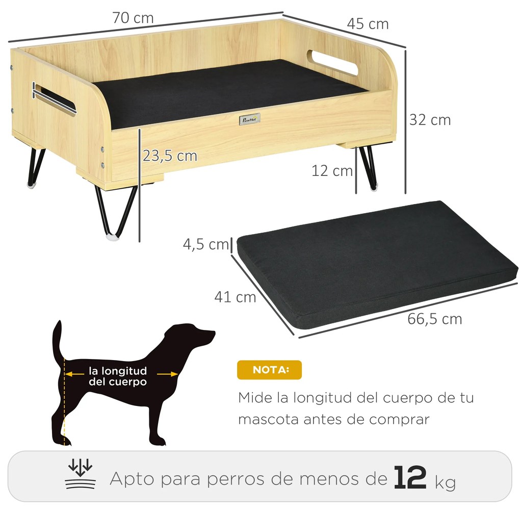 Sofá de Madeira para Cães Gatos Cama para Animais de Estimação Pequenos com Almofada Acolchoada Removível Alças e Pés Elevados de Aço 70x45x32cm Carva