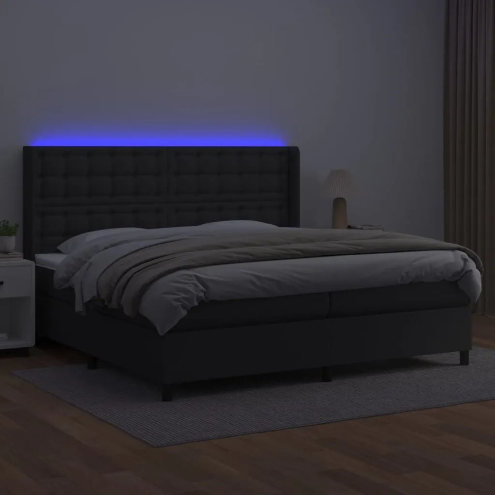 Cama box spring c/ colchão/LED 200x200cm couro artificial preto