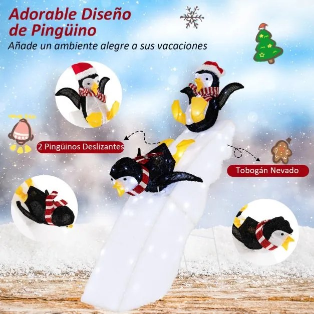 Pinguim Natal 120 cm LED com Gorro e Cachecol Decoração de Natal Iluminada com 130 LEDs Brancos Frios Decoração de Inverno com Estacas