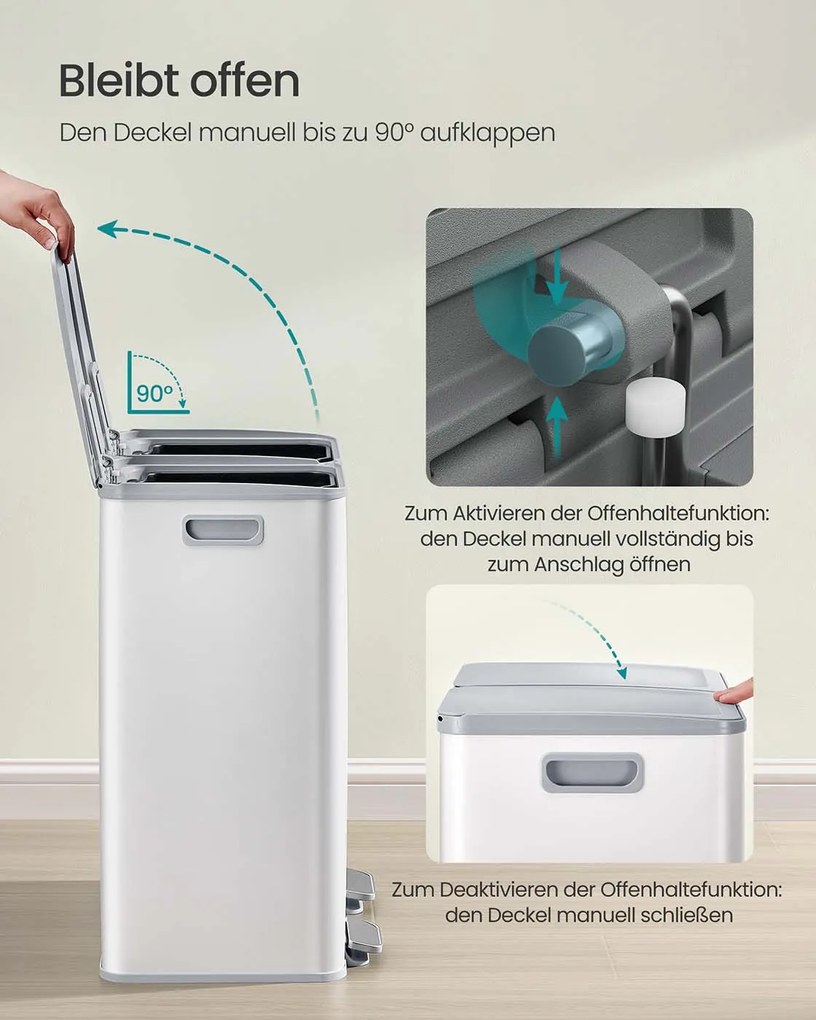 Caixote do lixo de cozinha com dois compartimentos e tampa de fecho suave em aço 47,6 x 37,7 x 66,9 cm Branco