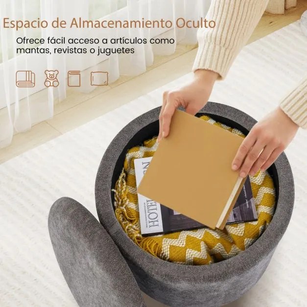 Banco redondo com arrumação 35 L oculta estofado em chenille, tampo removível e pernas de madeira para sala ou quarto cinzento