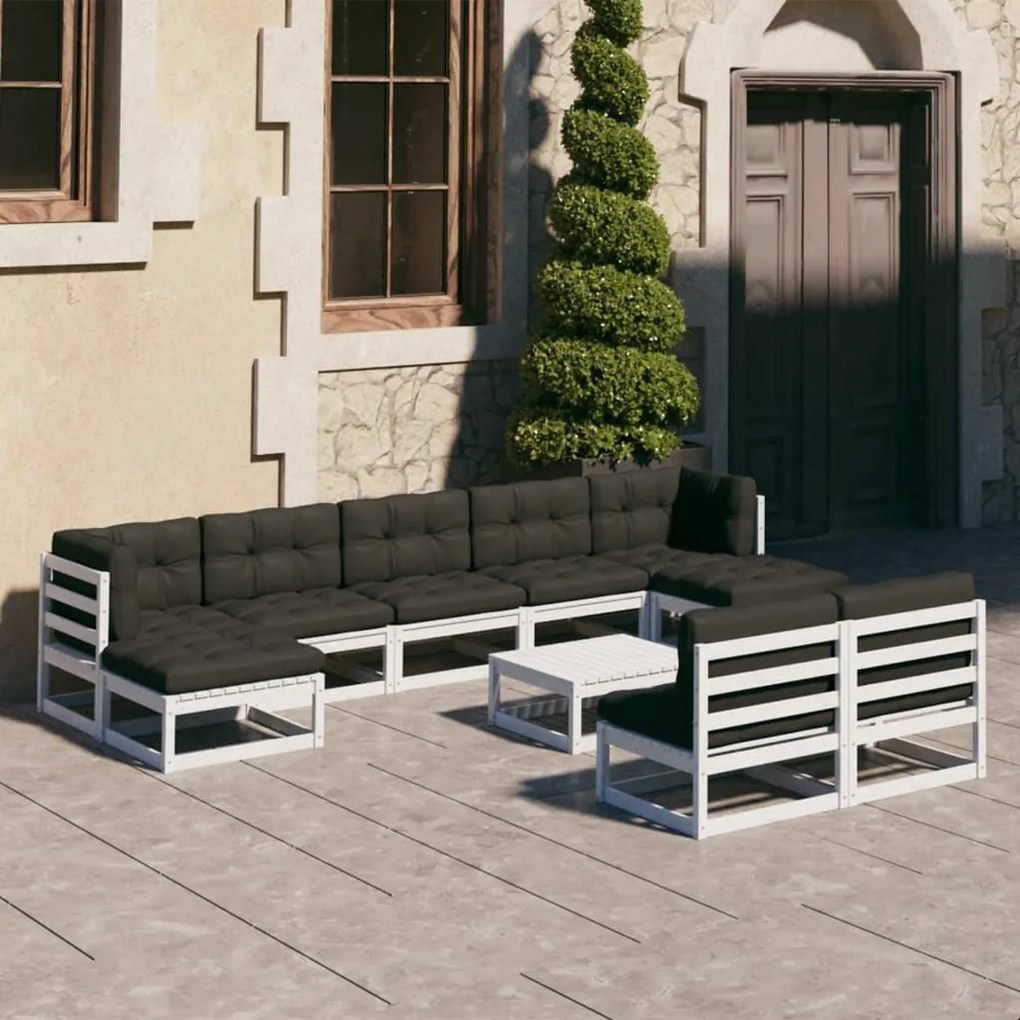 vidaXL 10 pcs conj. lounge de jardim c/ almofadões pinho maciço branco