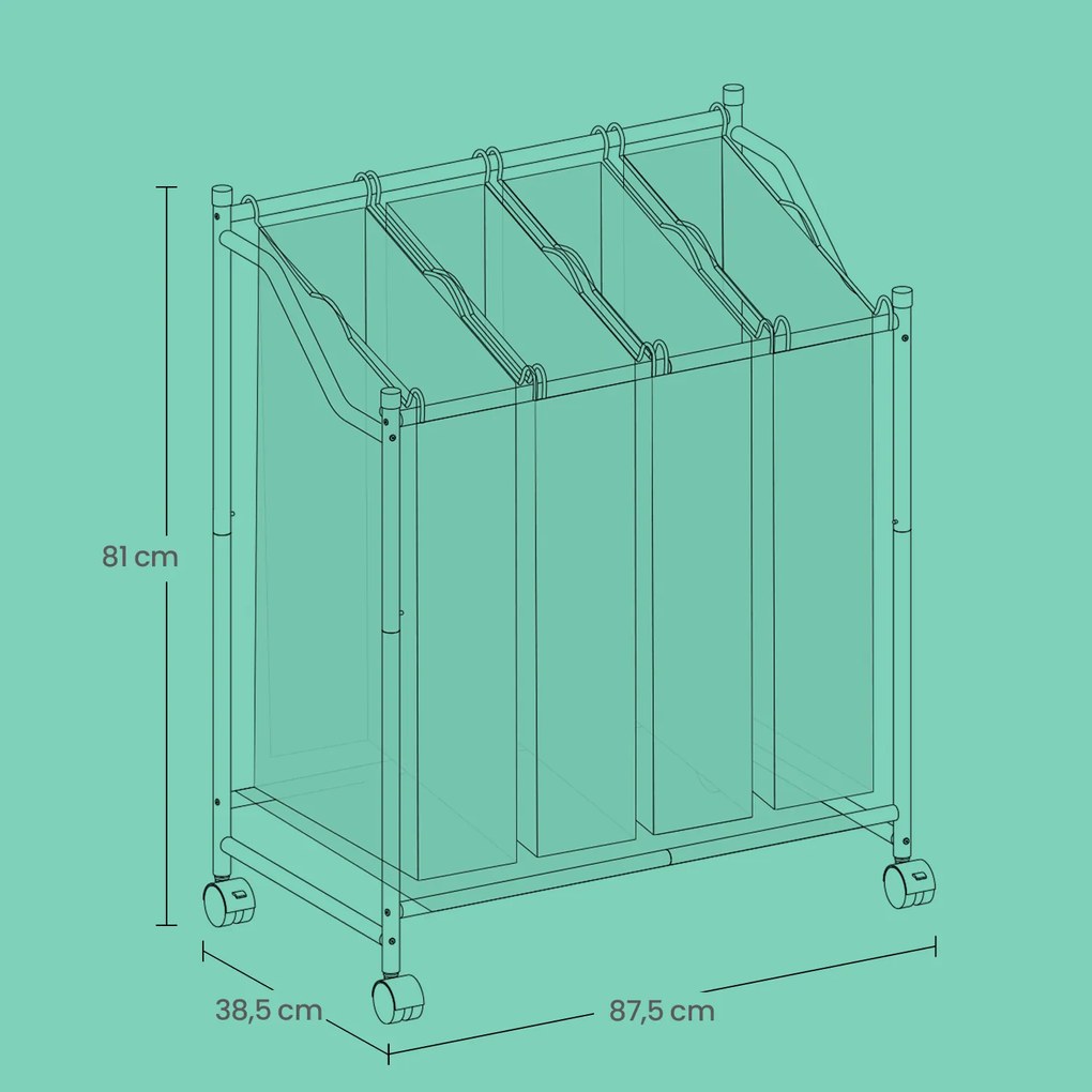 Cesto para roupa suja com rodas, 4 x 35 L, com 4 sacos removíveis 87,5 x 38,5 x 67/81 cm Cinzento