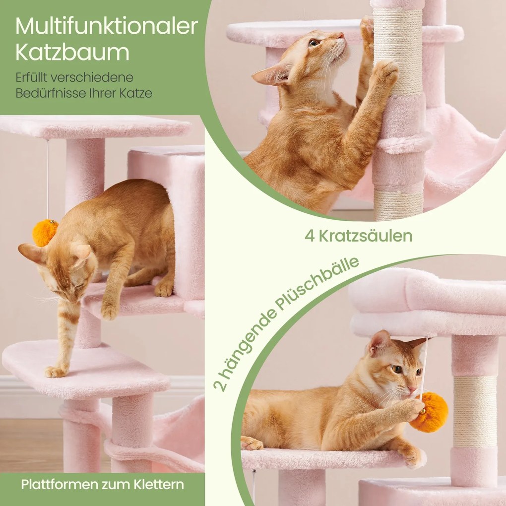 Arranhador para gatos com vários andares, com caverna, rede e 4 troncos para arranhar 45 x 35 x 112 cm rosa