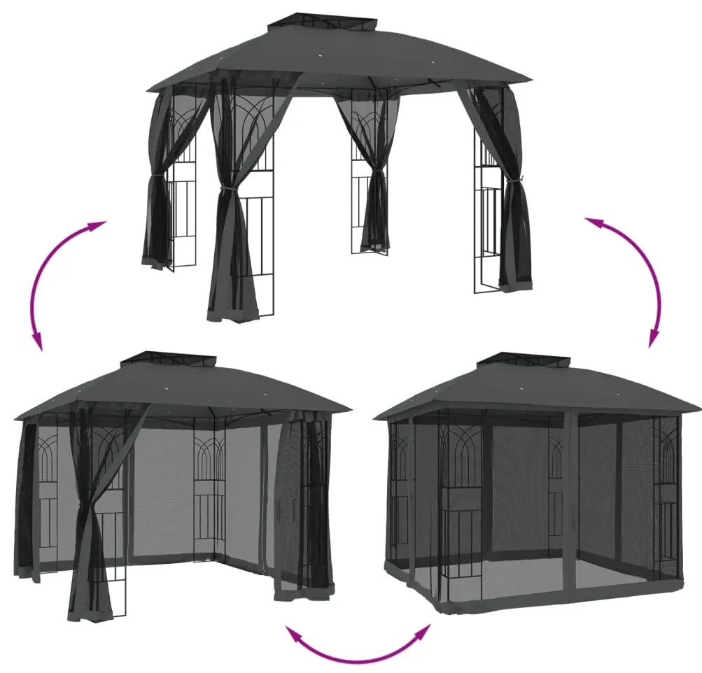 Gazebo c/ teto duplo/paredes de malha 2,94x2,94 m aço antracite