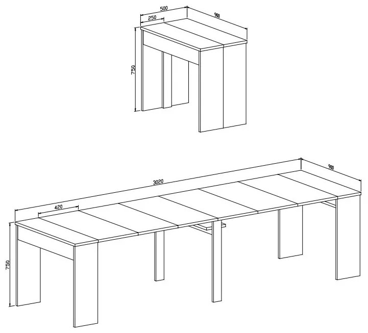 Mesa de sala de jantar extensível até 301 cm, acabamento CIMENTO, Dimensões fechadas: 90x50x78 cm de altura