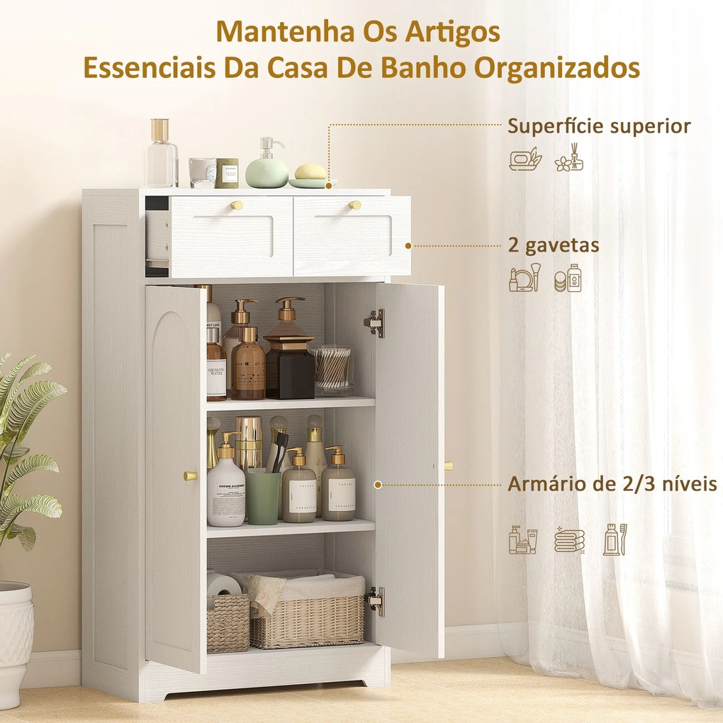 Armário de Casa de Banho Estreito com 2 Gavetas Prateleira Aberta e Porta com Painel Arqueado 60x30x108 cm Branco Texturizado