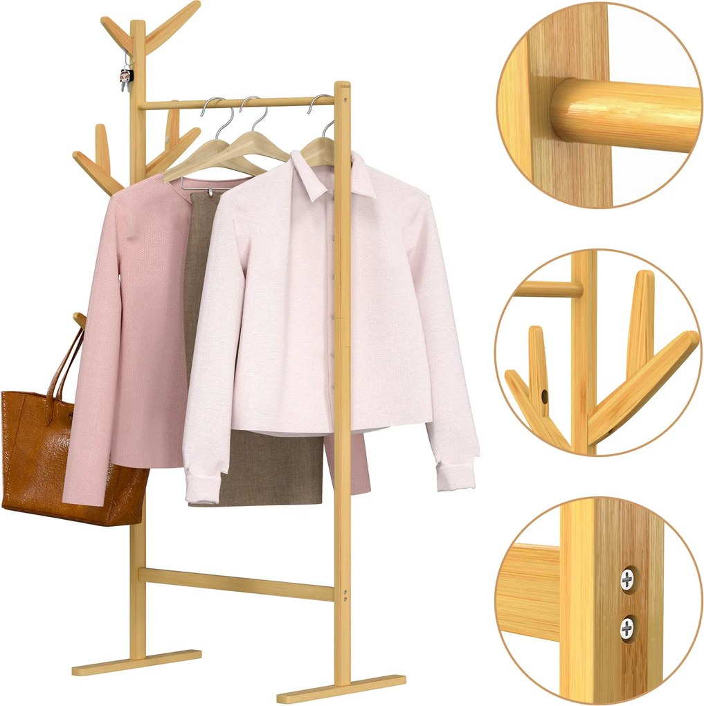 Cabide de bambu com barra para roupas e 8 ganchos 163 x 66 x 40 cm Castanho