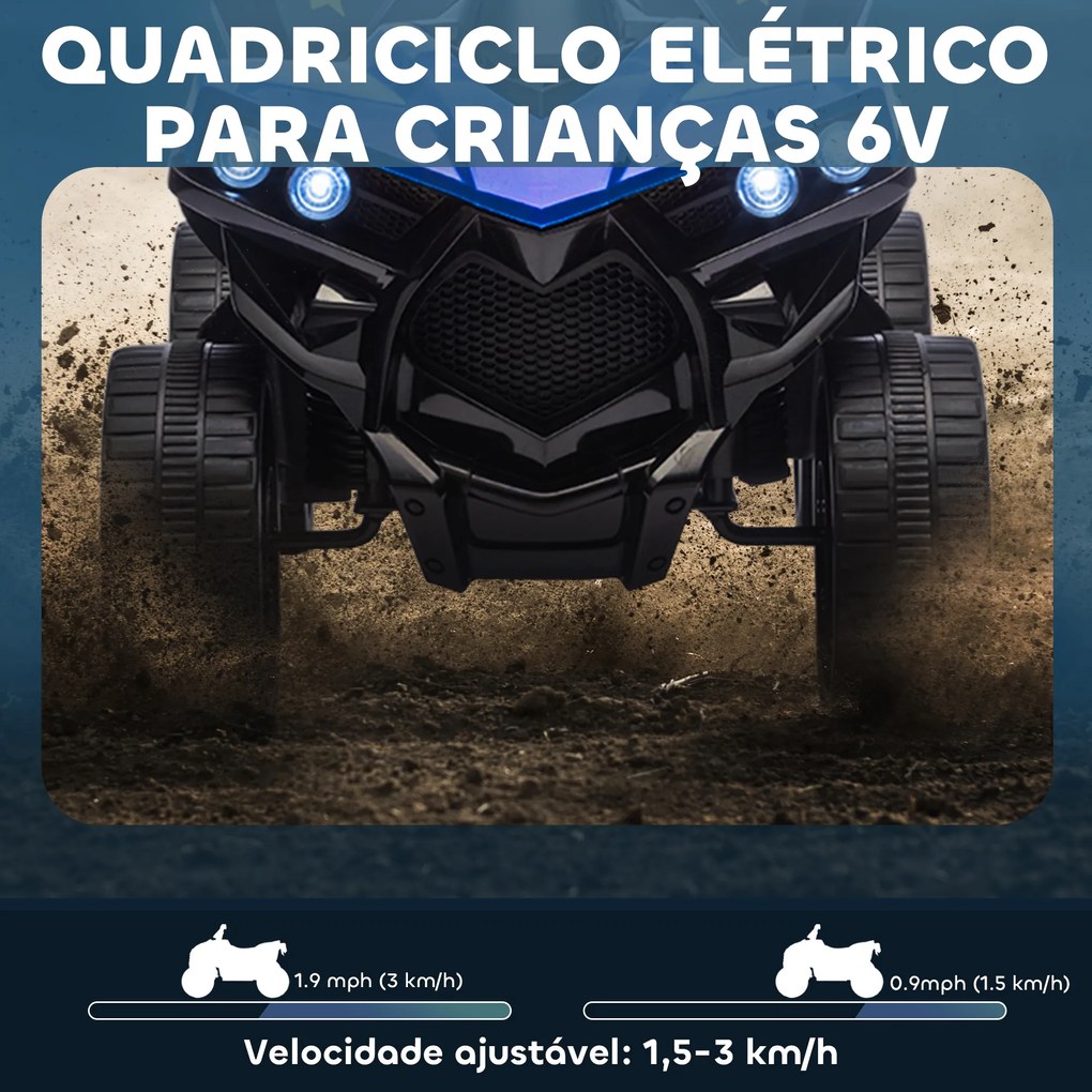 Moto 4 Elétrico para Crianças 6 V para Crianças com Velocidade até 3 km/h Faróis e Música 70x42x45 cm Azul
