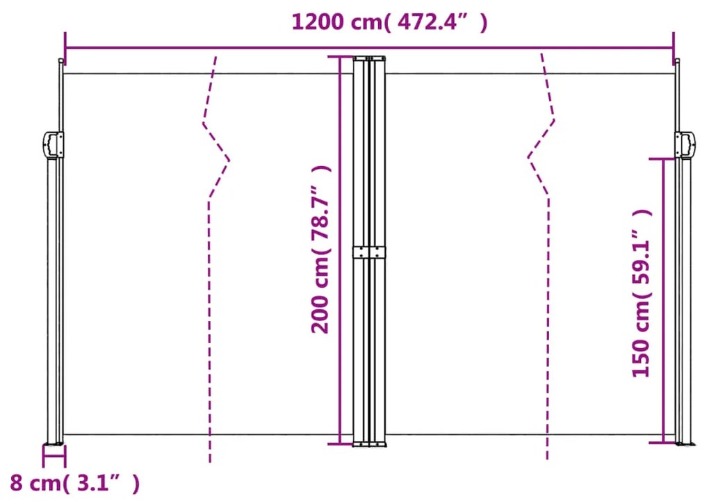 Toldo lateral retrátil 200x1200 cm preto