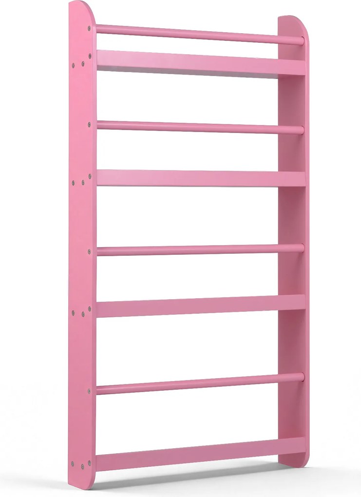 Estante infantil de parede com 4 níveis 56 x 12 x 107 cm, prateleiras abertas, barras de segurança e bordas elevadas para quarto infantil ou sala de a