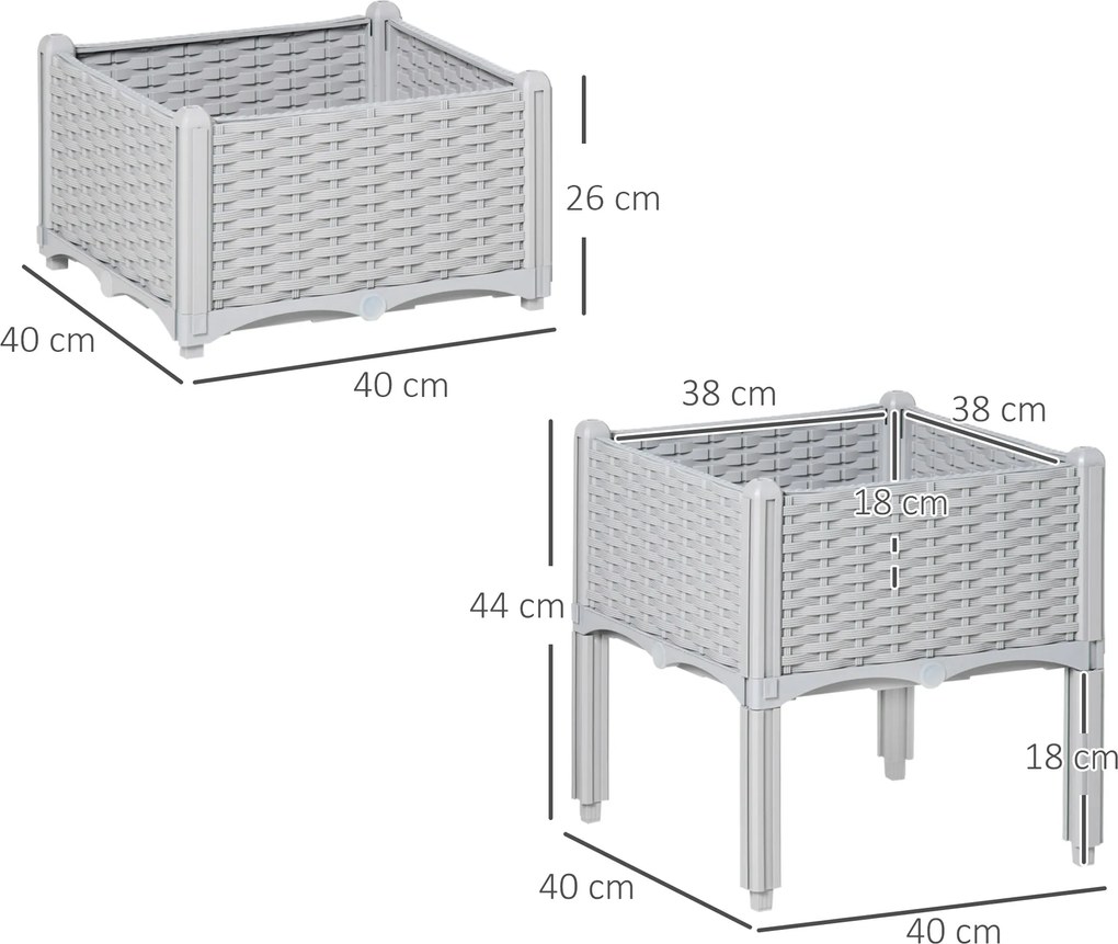Conjunto de 2 Floreiras Quadradas Floreiras para Flores e Vegetais com Orifícios de Drenagem e Pés Altos 40x40x26-44 cm Cinza