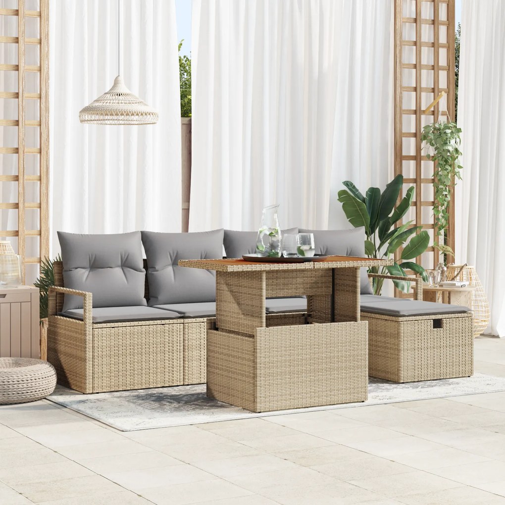 Conjunto de Sofá de Jardim vidaXL de 6 Peças com Almofadas Bege Vime P