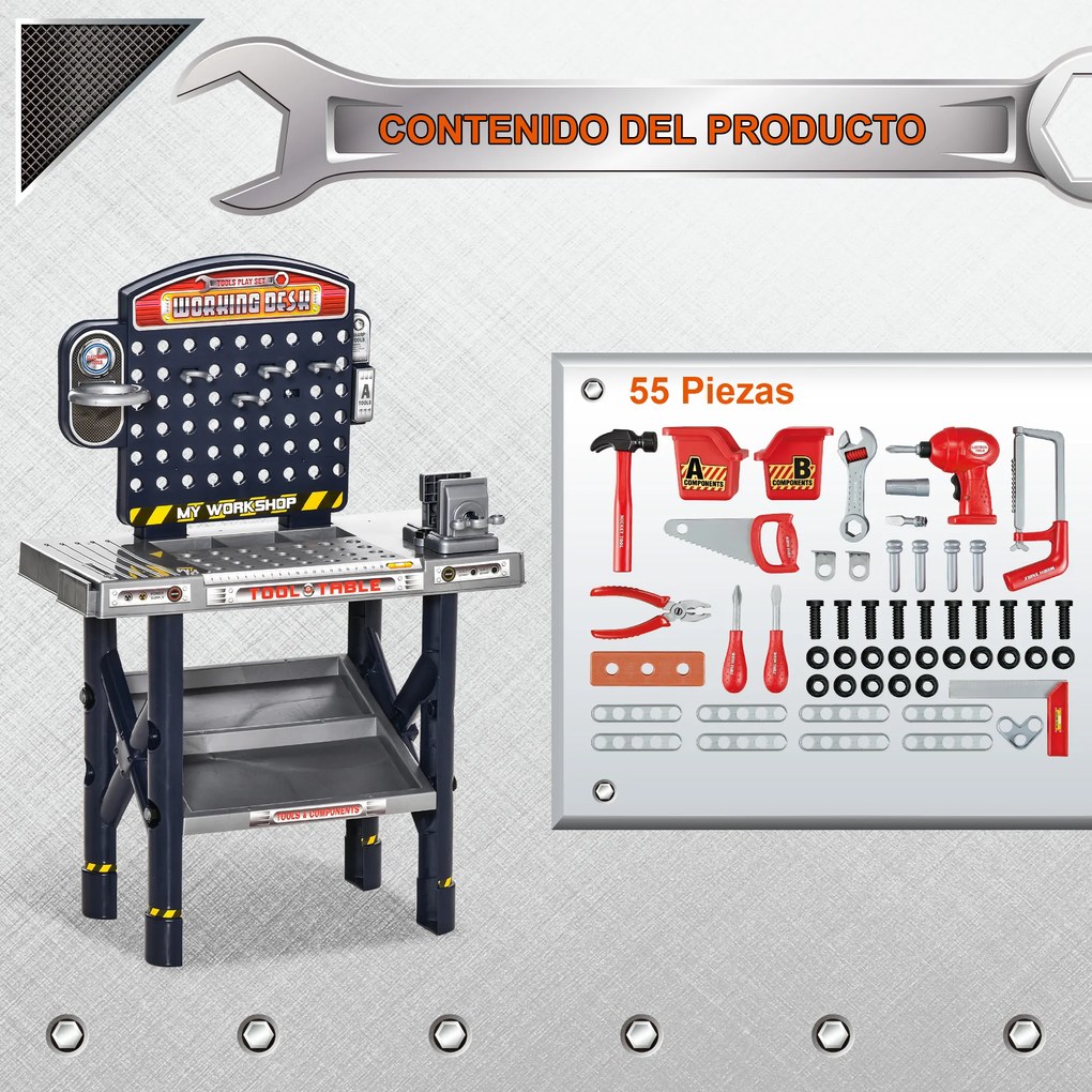 HOMCOM Bancada de Ferramentas para Crianças acima de 3 Anos Inclui 55 peças com Berbequim Elétrico Chave Inglesa Alicates Brinquedo de Aprendizagem 69x26,5x75cm Multicor