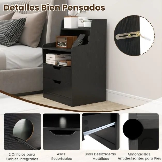 Mesa de cabeceira LED com estação de carregamento com 2 gavetas e prateleira aberta 45 x 35 x 72,5 cm Preto