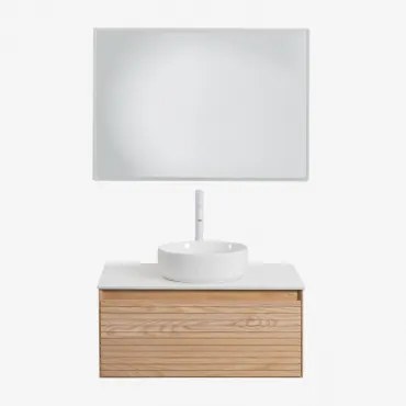 Conjunto De Móvel De Casa De Banho Suspenso 80x50 Cm Em Madeira De Freixo Tedrik Castanho Fresno & Cerâmica Redonda Branca Ø40 Cm - Sklum