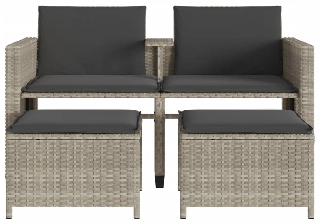 Sofá de jardim 2 lugares com mesa e bancos vime PE cinza-claro