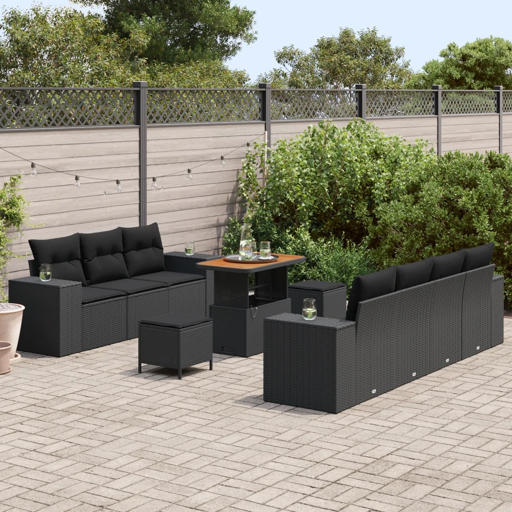 Conjunto de Sofás para Jardim vidaXL com Almofadas Preto Rattan Sintét