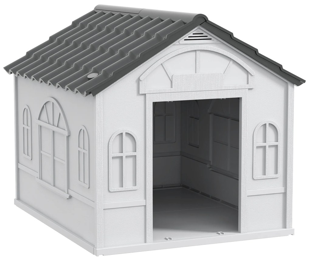 PawHut Casa para Cães 65x75,7x63 cm Casa para Cães com Janelas e Teto com Telhas de Imitação para Cães Médios Cinza e Branco