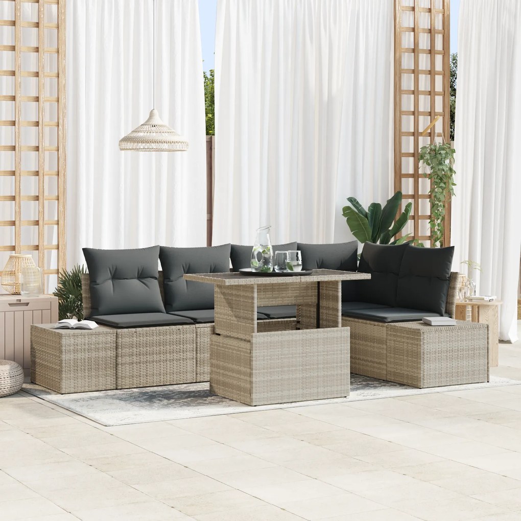 Conjunto de Sofás de Jardim 6 Peças com Almofadas Cinza Claro em Ratta